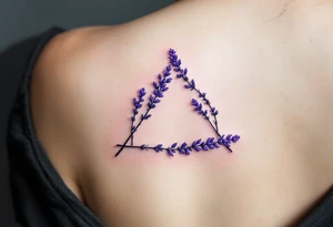 A triquetra made of delicate lavender sprigs, with soft purple hues and a watercolor effect. tattoo idea