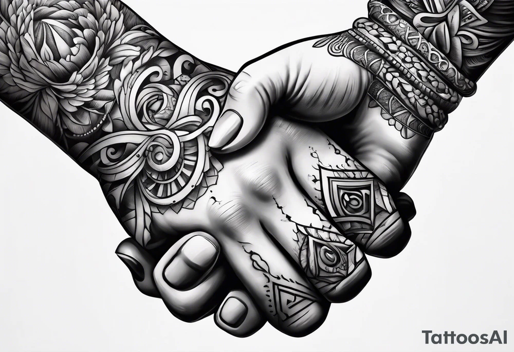 a human hand and a bone hand handshaking tattoo idea