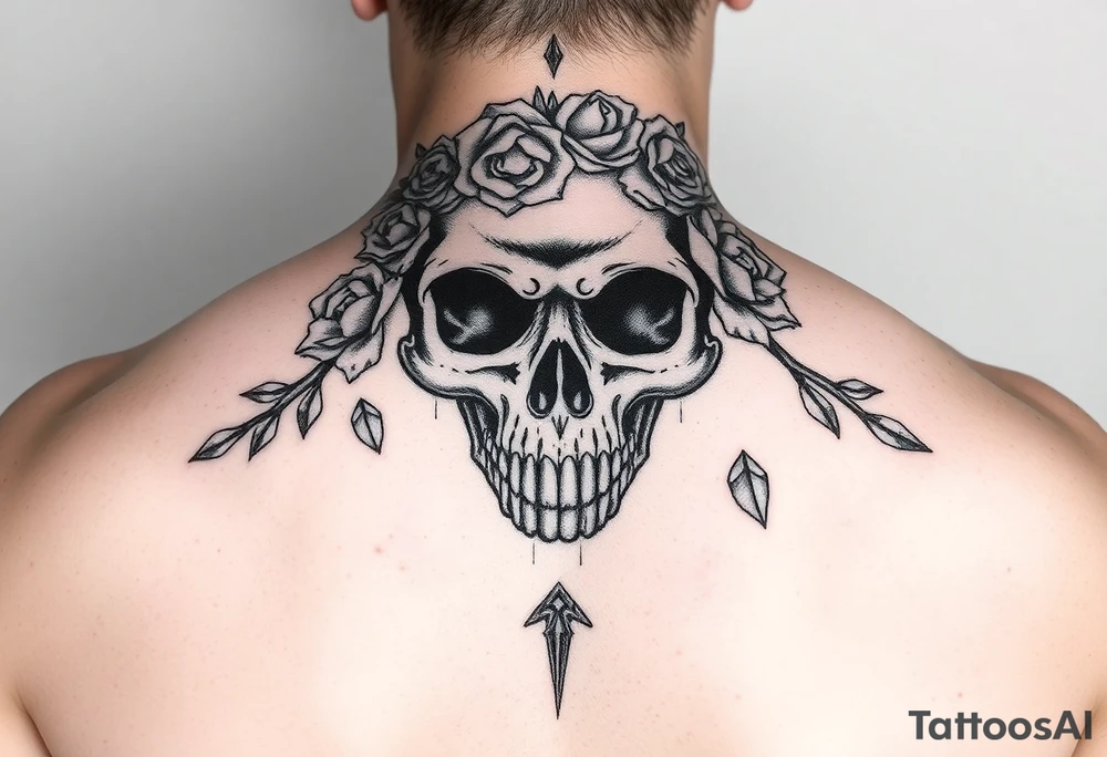 ornate skull adorned with crown of wild roses and thorns tattoo idea