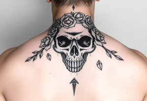 ornate skull adorned with crown of wild roses and thorns tattoo idea