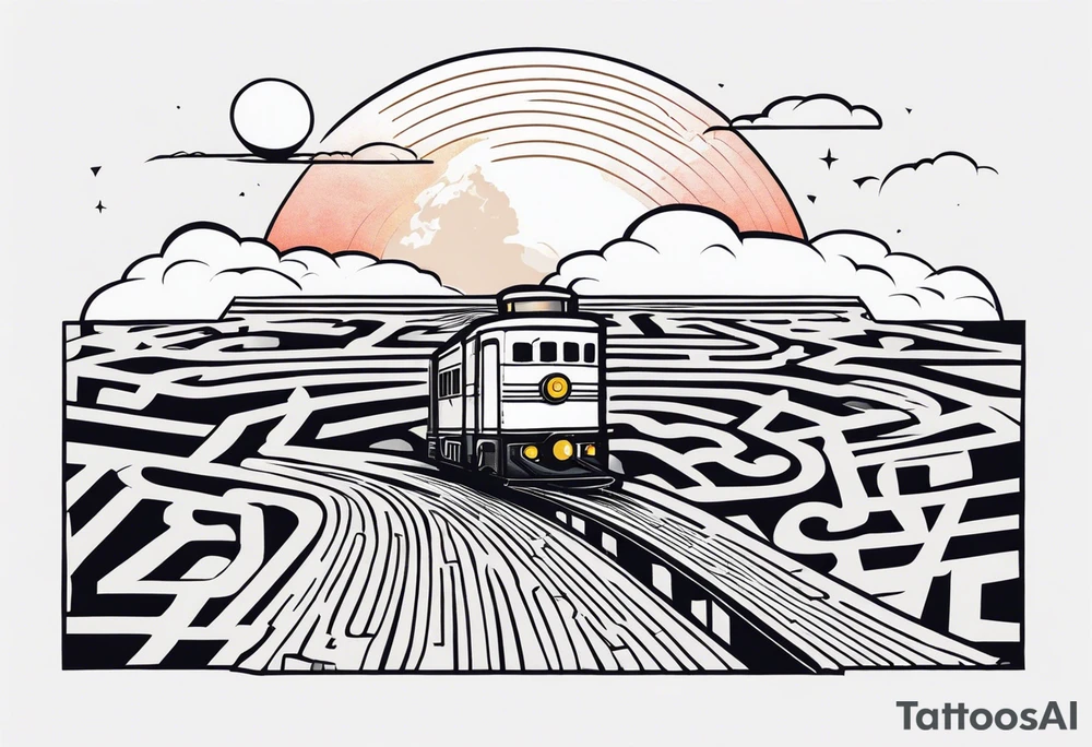 Maze with a train track in the middle. Sky cracking with moon of time tattoo idea