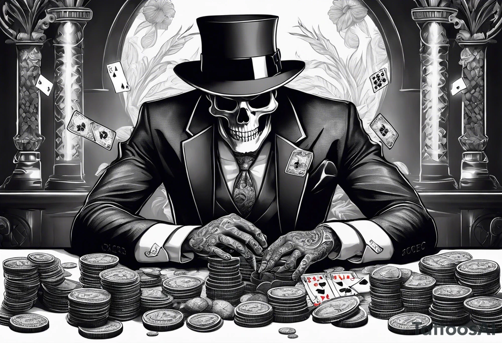 Skeleton in suit, with hat, sitting at the table, holding poker tokens, lots of cash tattoo idea tattoo idea