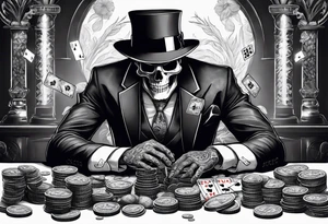 Skeleton in suit, with hat, sitting at the table, holding poker tokens, lots of cash tattoo idea tattoo idea