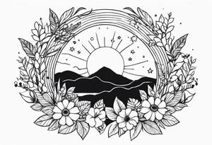 A floral wreath around a brilliant sun tattoo idea