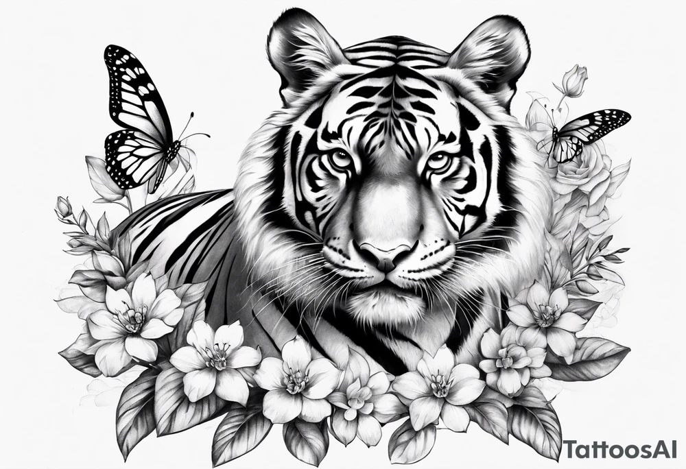 realistic full body tiger, 3 butterflies, flowers for ladies thigh / hip shaded tattoo idea