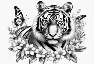 realistic full body tiger, 3 butterflies, flowers for ladies thigh / hip shaded tattoo idea