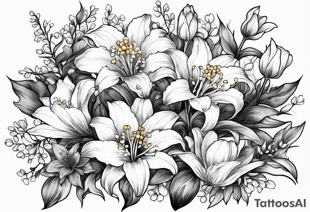4 flowers, Lily of the valley, marigold, chrysanthemum, and a Lily combined together with small leaves and vines tattoo idea