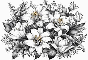 4 flowers, Lily of the valley, marigold, chrysanthemum, and a Lily combined together with small leaves and vines tattoo idea