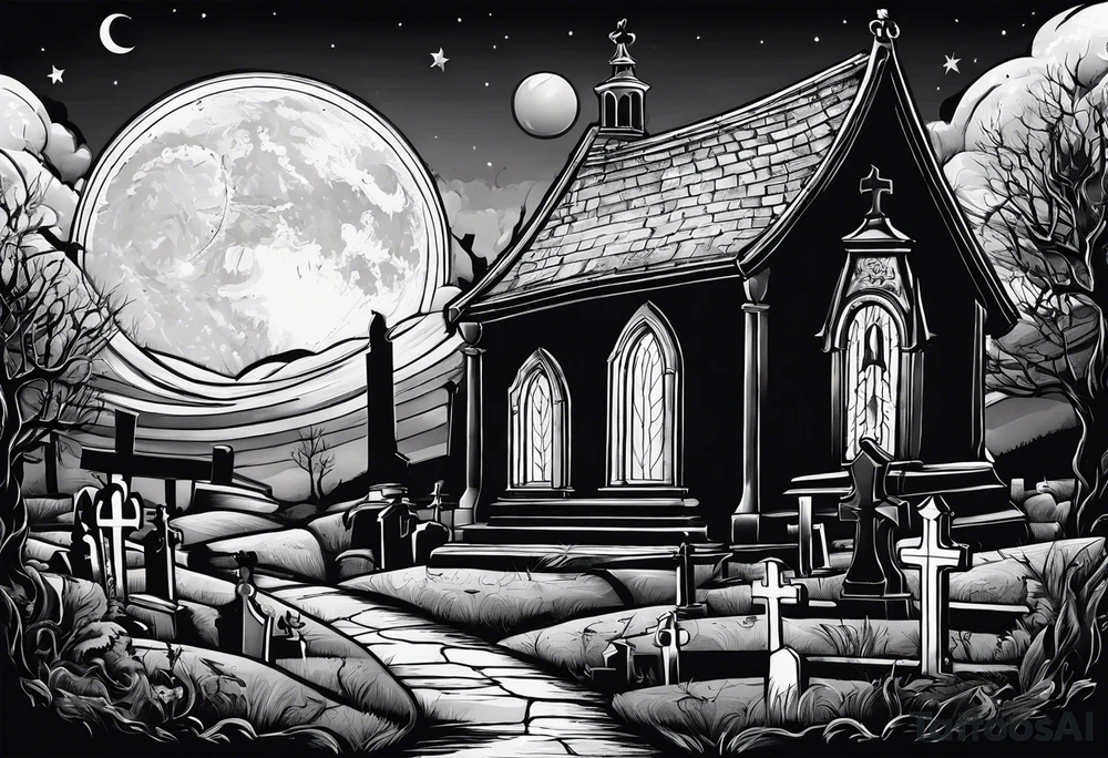 graveyard with moon with the words death where is your sting tattoo idea