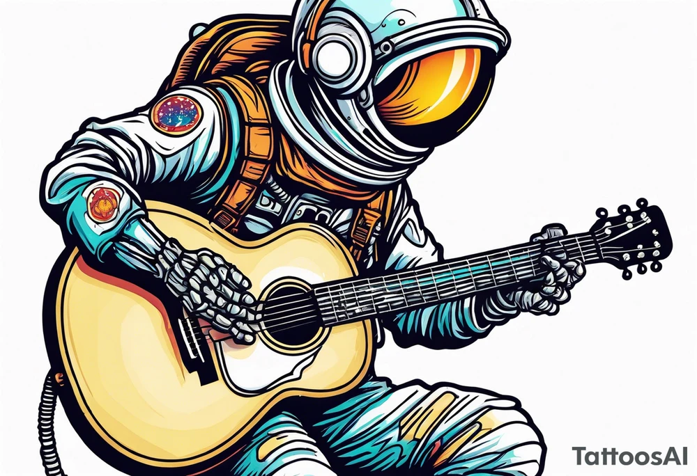 Skeleton astronaut playing acoustic guitar tattoo idea