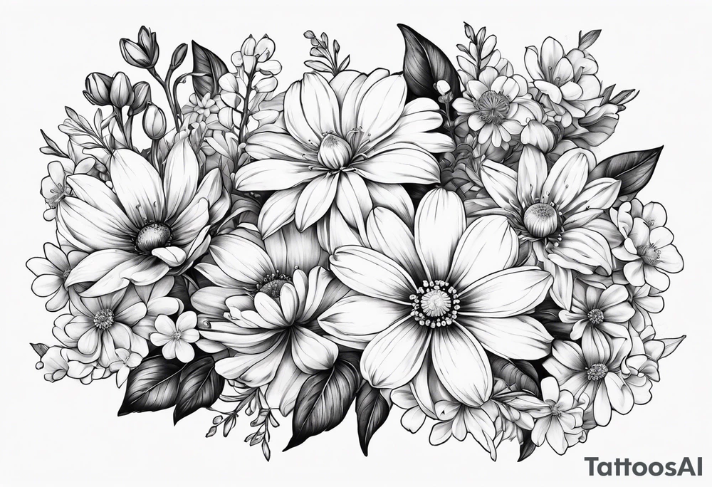 Honeysuckle, daisys,cosmos,and snowdrop sleeve tattoo idea