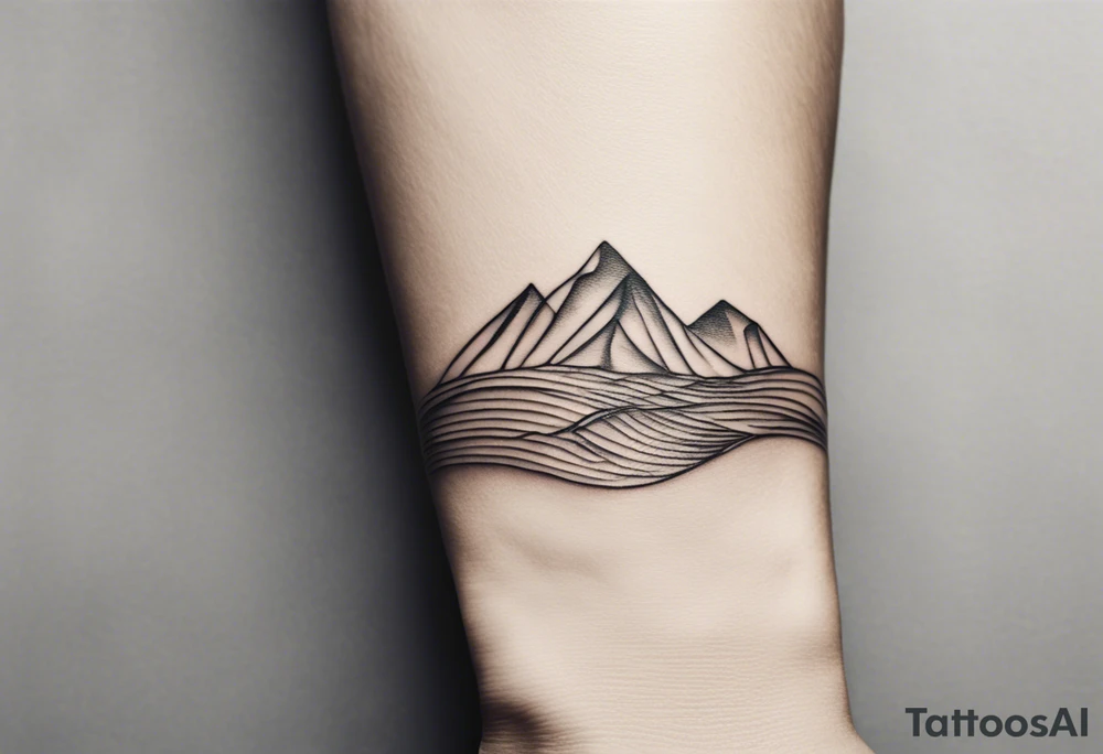 The tattoo starts at the wrist with a simple, clean line that represents the shoreline. Above this line, there are serene, rolling waves depicted in a minimalistic style—smooth curves that capture the essence of the ocean.

Moving upward, the waves gradually transition into a set of geometric mountains. These mountains are outlined with clean, straight lines, creating a sharp yet simple silhouette against the canvas of your forearm. The peaks of the mountains form a subtle V shape, symbolizing strength and resilience.

Above the mountains, a small, circular sun completes the design. The sun is composed of bold, yet uncomplicated lines, radiating simplicity and warmth. The circular shape of the sun adds balance to the overall composition, creating a harmonious blend with the waves and mountains. tattoo idea