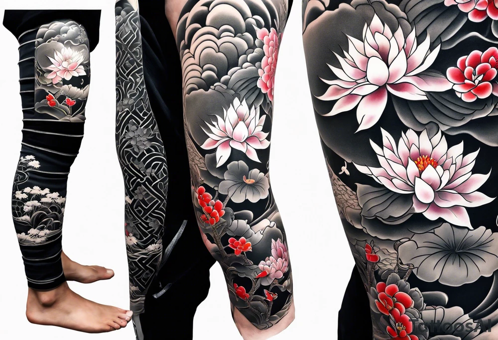 traditional irezumi full leg sleeve with the following elements: crane, cherry blossoms, and lotus flowers tattoo idea