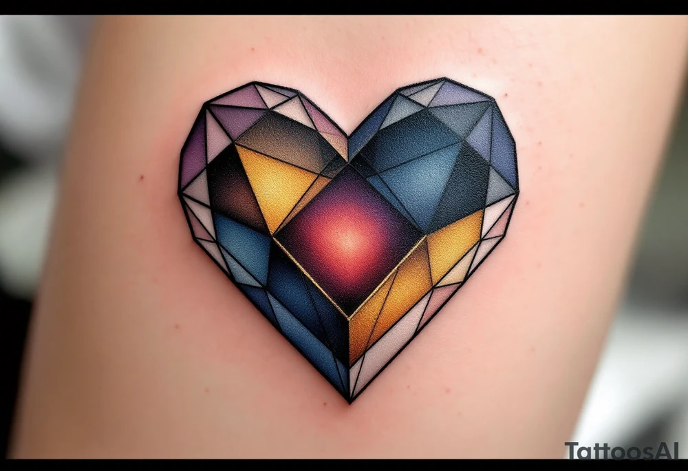 A minimalist yet powerful abstract heart formed by sharp, intersecting geometric lines, blending various shapes such as triangles and diamonds. The heart’s outer edges are soft and flowing, contrasting the precise geometry inside. The design transitions from a deep midnight blue at the top to a warm, radiant gold at the bottom, symbolizing a balance between mystery and warmth. The heart’s center is subtly filled with a gradient of rich crimson, symbolizing passion and deep emotional connection. Midnight blue (top), radiant gold (bottom), deep crimson (center), with thin accents of white to highlight the geometric details. tattoo idea