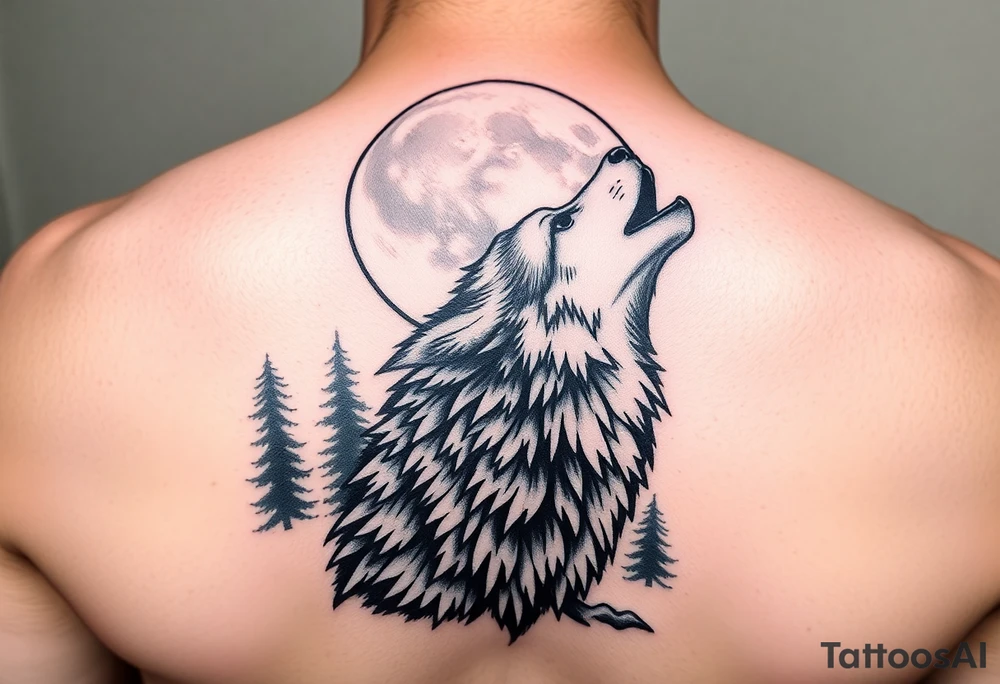 lone wolf howling at full moon with northern lights backdrop tattoo idea
