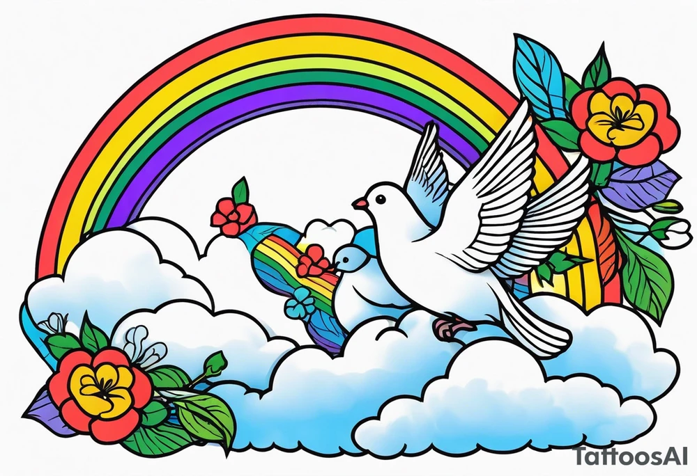 rainbow in clouds
with doves and vintage flowers
old school vintage simple traditional design 



bold color simple tattoo idea