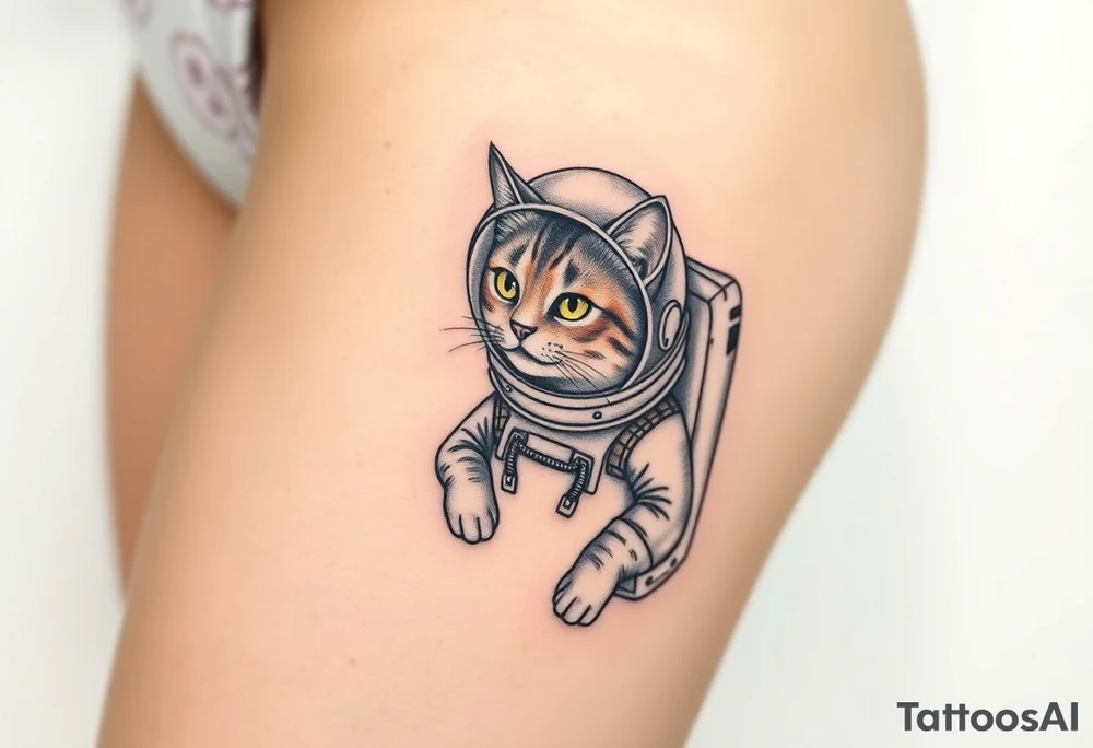 Cat with astronaut suit in outer space tattoo idea