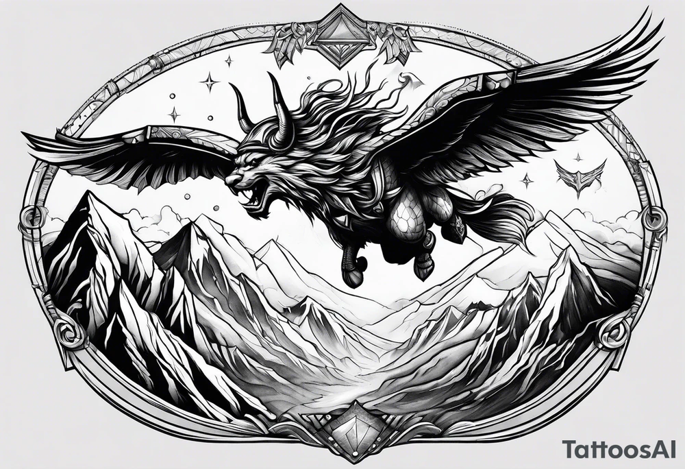 Space Viking flying over mountains tattoo idea