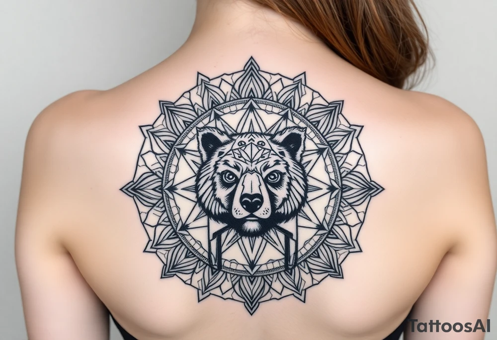 intricate mandala with sacred geometry and cosmic elements and a guy in an electric chair and his eyes are blown out but a face like a short nosed bear bear tattoo idea