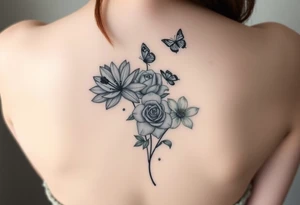 In a vertical line and individual water lily, rose, violet and narcissus. Surrounded by small delicate butterflies 

Not a bouquet tattoo idea