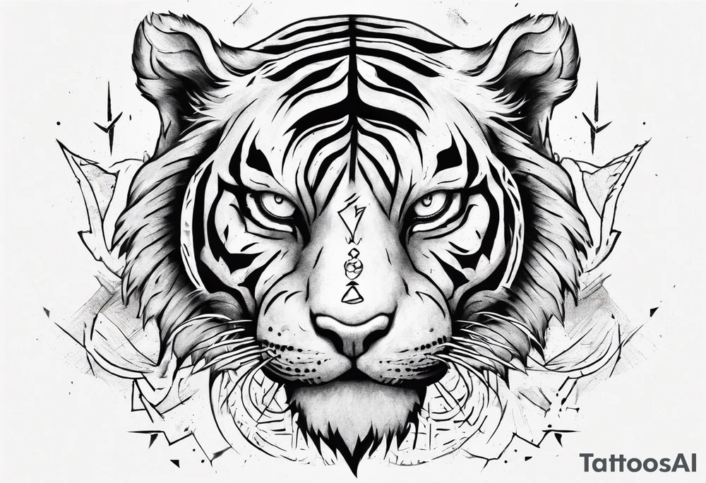 Ancient tiger with lightning and a sun for a forearm sleeve. With patterns surrounding it tattoo idea