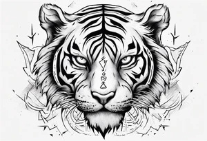 Ancient tiger with lightning and a sun for a forearm sleeve. With patterns surrounding it tattoo idea