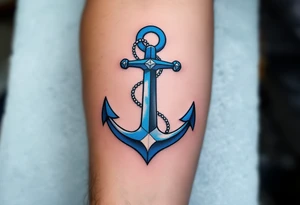 A vibrant blue anchor tattoo symbolizing a father's steady support for his child. tattoo idea