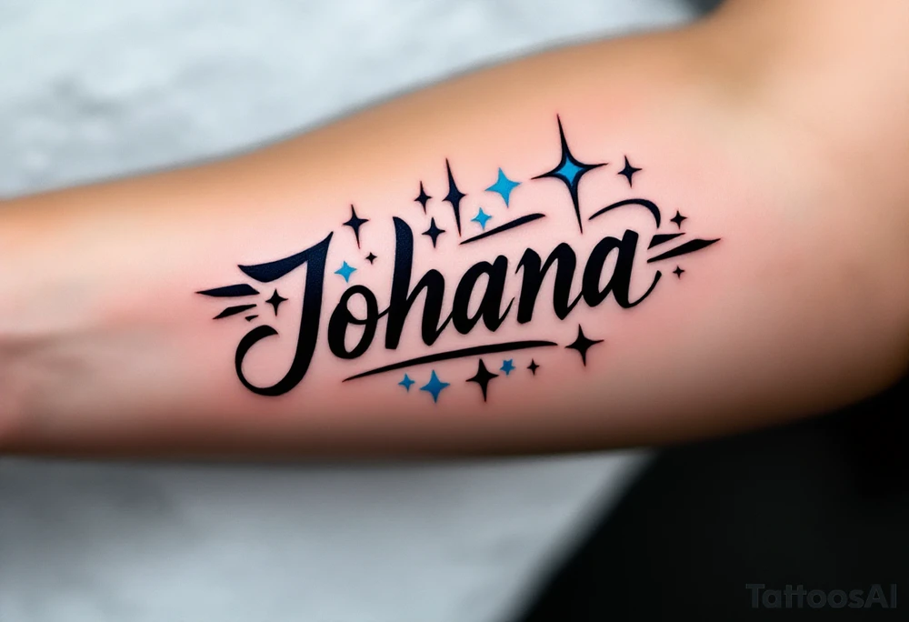 Johana scripted in a whimsical style, accented with whimsical stars in silver and light blue. tattoo idea