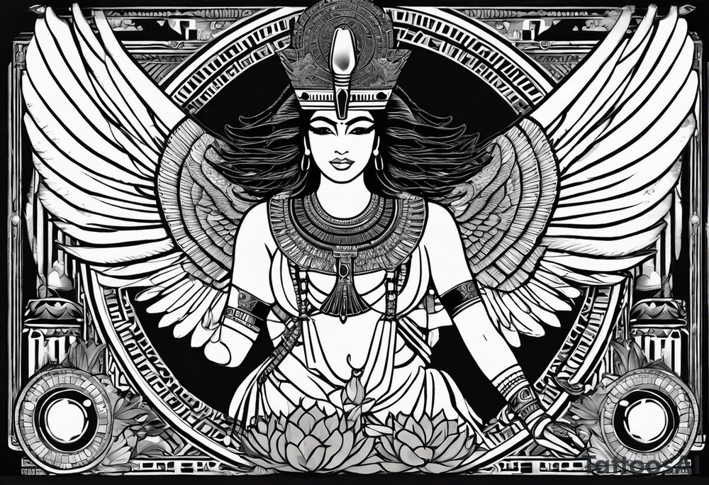 blank and white Egyptian goddess Isis, who is often depicted as a woman with outstretched wings, holding an ankh (a symbol of life) in one hand and a lotus flower in the other. Her headdress often includes a throne or a solar disk. The tattoo design can vary in style and size, but it typically aims to capture the essence of this revered Egyptian deity, emphasizing her beauty, power, and maternal qualities. The choice of colors and additional elements can also be customized to create a unique and visually striking representation of the goddess Isis tattoo idea