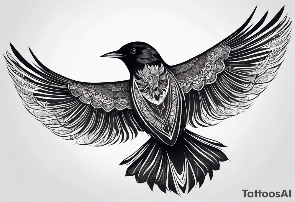A detailed drawing of a black bird with outstretched wings, showcasing intricate feather patterns. The bird is centered on a plain white background, capturing a realistic and dynamic pose that emphasizes its wingspan and form. tattoo idea