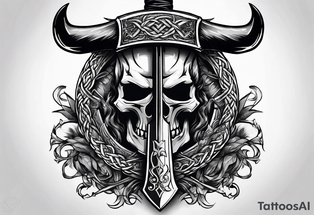 Valhalla sword shield axe barbed wire tattoo idea