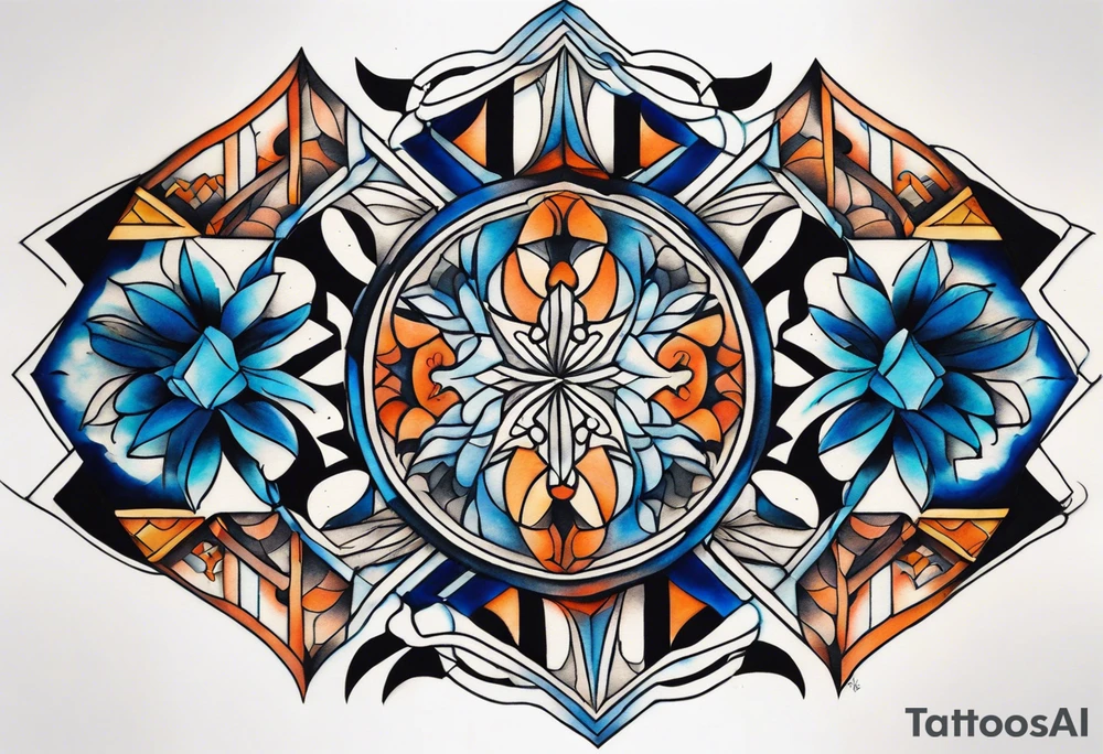 semi Detailed neo traditional knee tattoo flat on paper. The tattoo features geometric patterns and bold lines, creating a visually striking design with slight tints of deep fall colors. The a background 
outside the tattoo features deep blues washes and water swirls tattoo idea