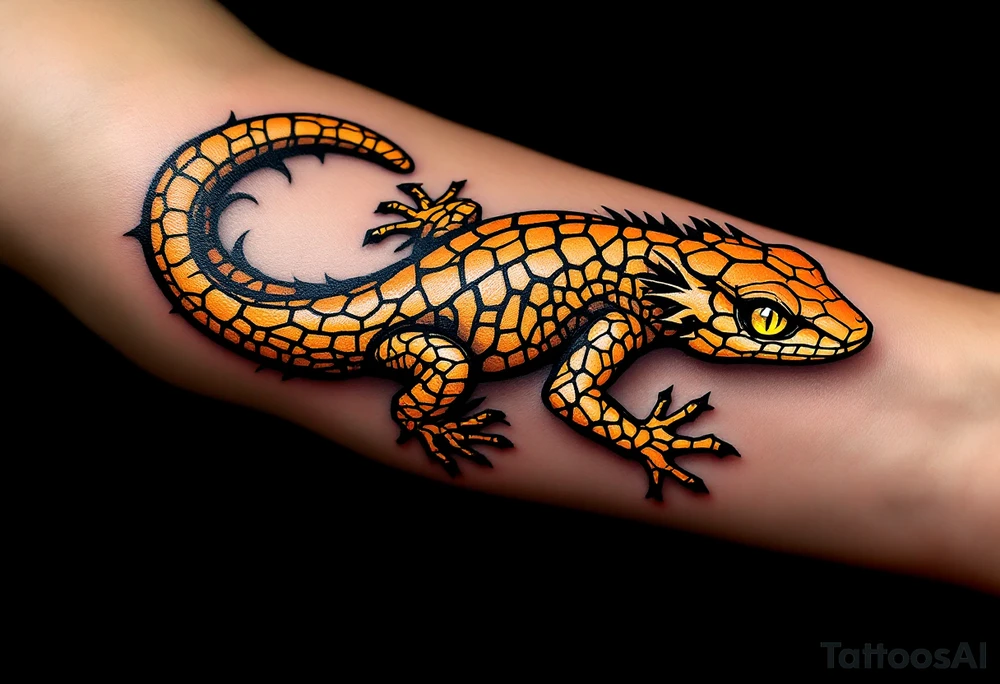 Tribal desert lizard with cracked earth texture – A sleek, agile lizard in motion, designed with tribal curves and sharp angles along its spine. Its skin mimics the pattern of sunbaked, cracked earth, blending tones of burnt orange, dusty brown, and charcoal black. The tail coils elegantly, forming a spiral, while the eyes gleam in golden yellow, symbolizing survival, transformation, and primal instincts. tattoo idea