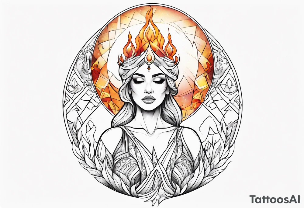 Woman holding fiery orb of creation above her head tattoo idea