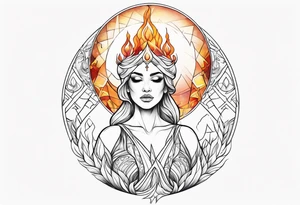 Woman holding fiery orb of creation above her head tattoo idea