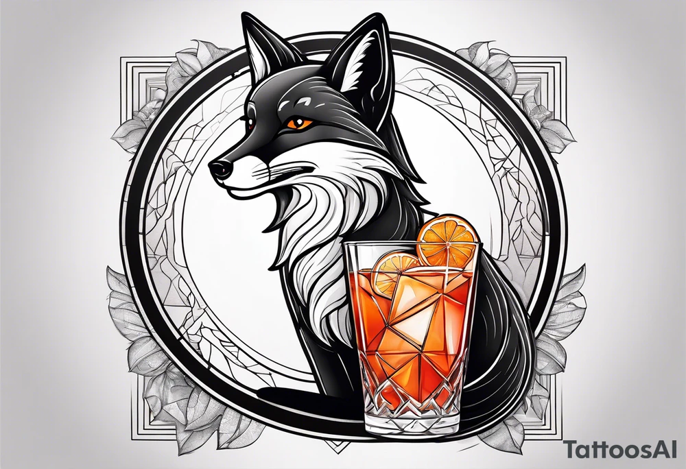 Adult male black and white fox with Negroni in lowball cocktail glass with ice and orange peel with disco background tattoo idea
