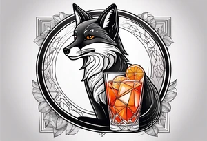Adult male black and white fox with Negroni in lowball cocktail glass with ice and orange peel with disco background tattoo idea