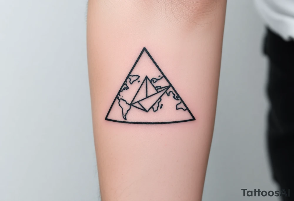 Small geometric triangle with a geometric paper plane going around the world with thin fine lines tattoo idea