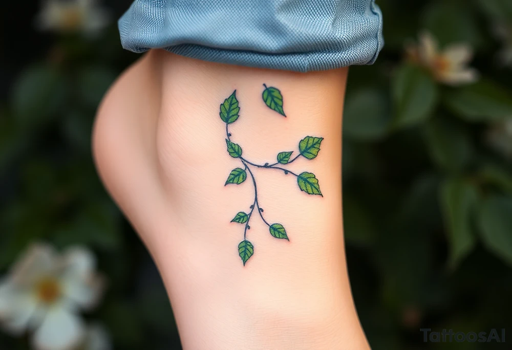 please create an ankle tattoo that is dainty.  There should be vining green leaves that wrap around the entirety of the ankle like an anklet tattoo idea