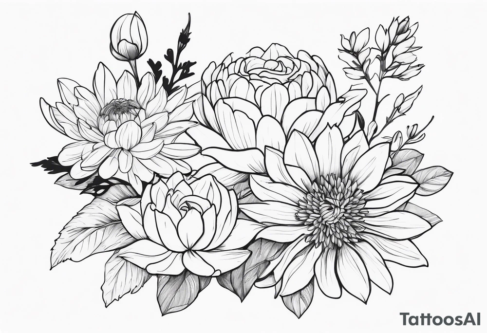 Asters, roses, Lillies, chrysanthemums in a stretched line tattoo idea