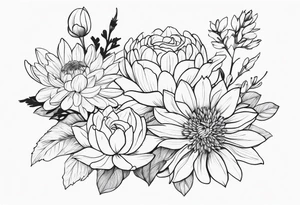 Asters, roses, Lillies, chrysanthemums in a stretched line tattoo idea