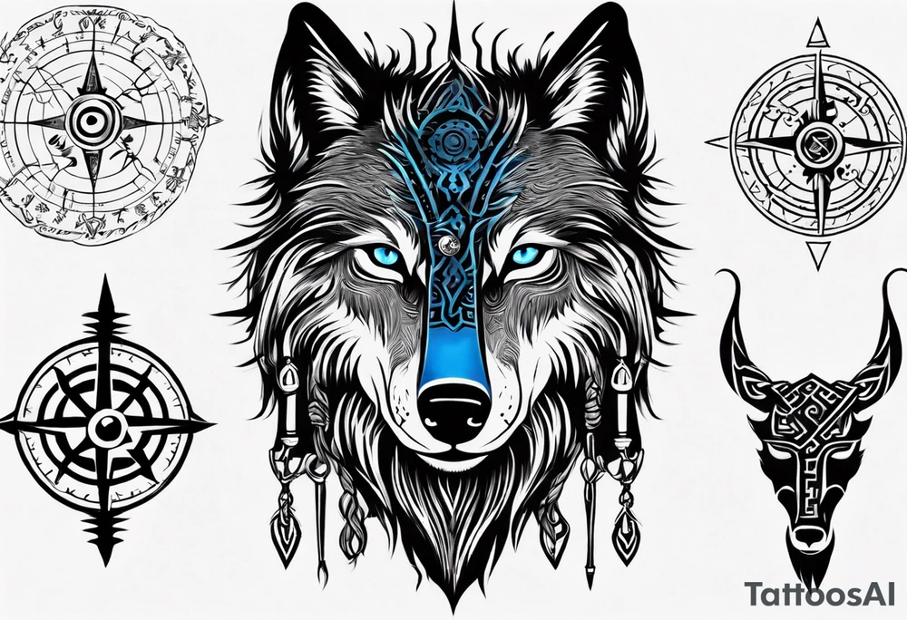 Black wolf with blue eyes with Viking Vegvísir compass on its forehead tattoo idea