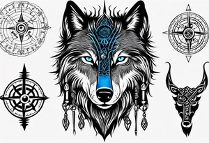 Black wolf with blue eyes with Viking Vegvísir compass on its forehead tattoo idea