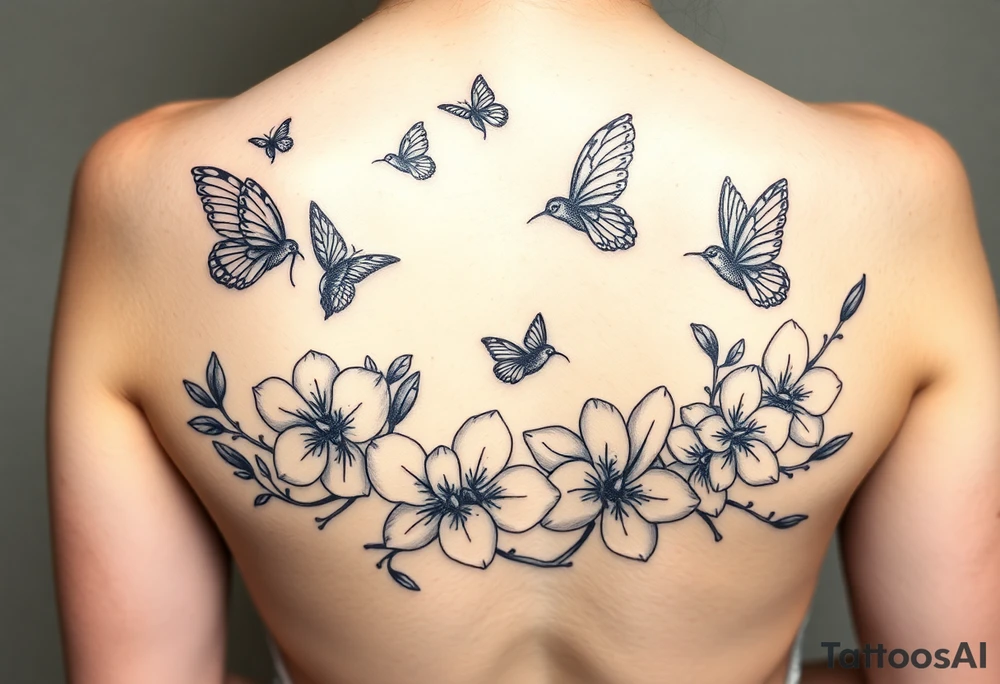 Butterflies and hummingbirds flying over orchids tattoo idea