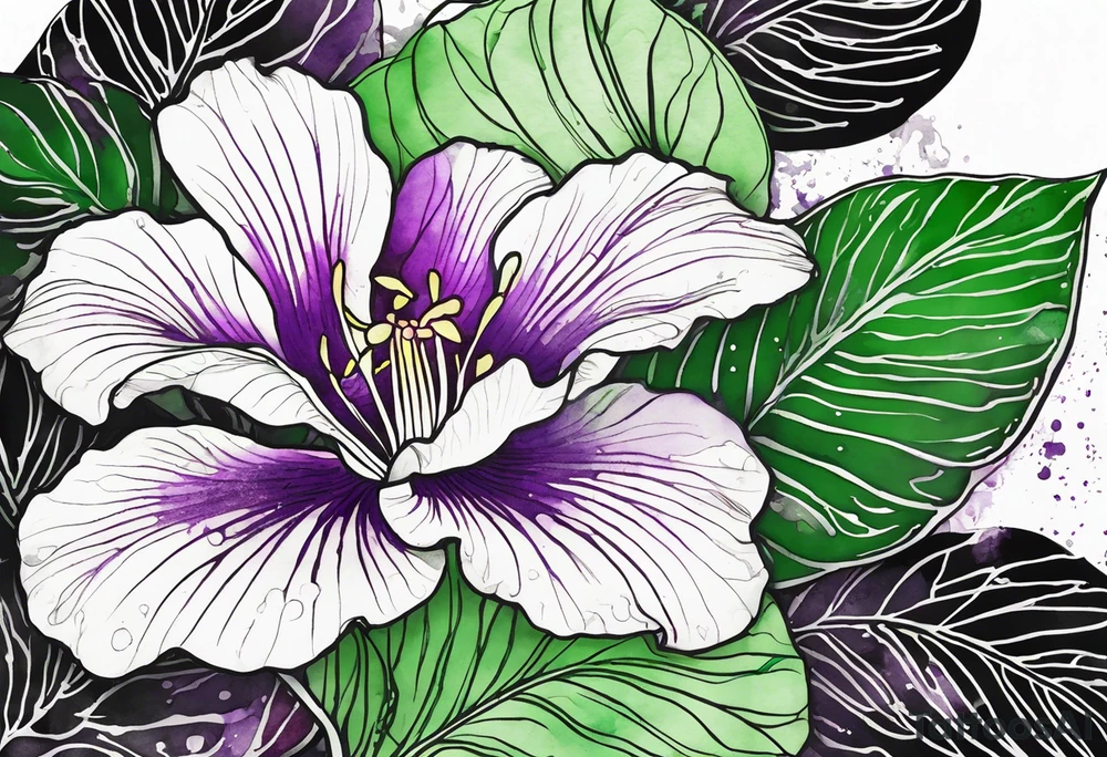 An outline of a green rio dipladenia flower and a green and purple watercolor splash in the background tattoo idea