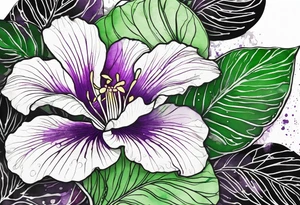An outline of a green rio dipladenia flower and a green and purple watercolor splash in the background tattoo idea