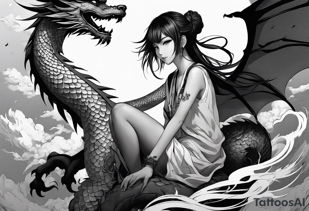 a full shot of an anime girl seen from far, sitting on a ball and surrounded by asian dragon with wings tattoo idea