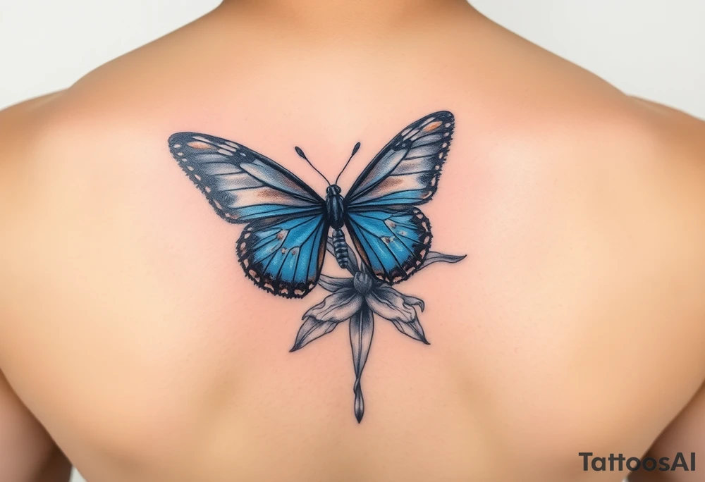 blue morph butterfly landing on a snapdragon tattoo idea