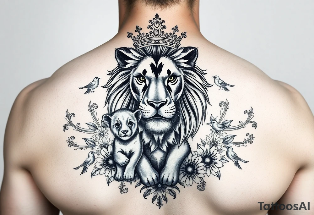powerful majestic lion and cub with a crown, surrounded by floral ornaments and birds tattoo idea