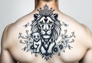 powerful majestic lion and cub with a crown, surrounded by floral ornaments and birds tattoo idea